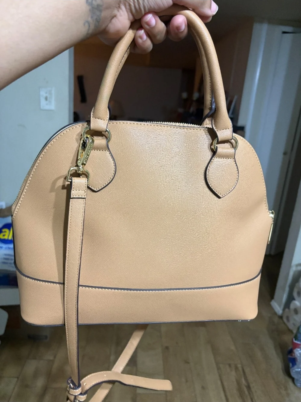 Steve Madden Camel Tan Dome Satchel with Gold Accents
